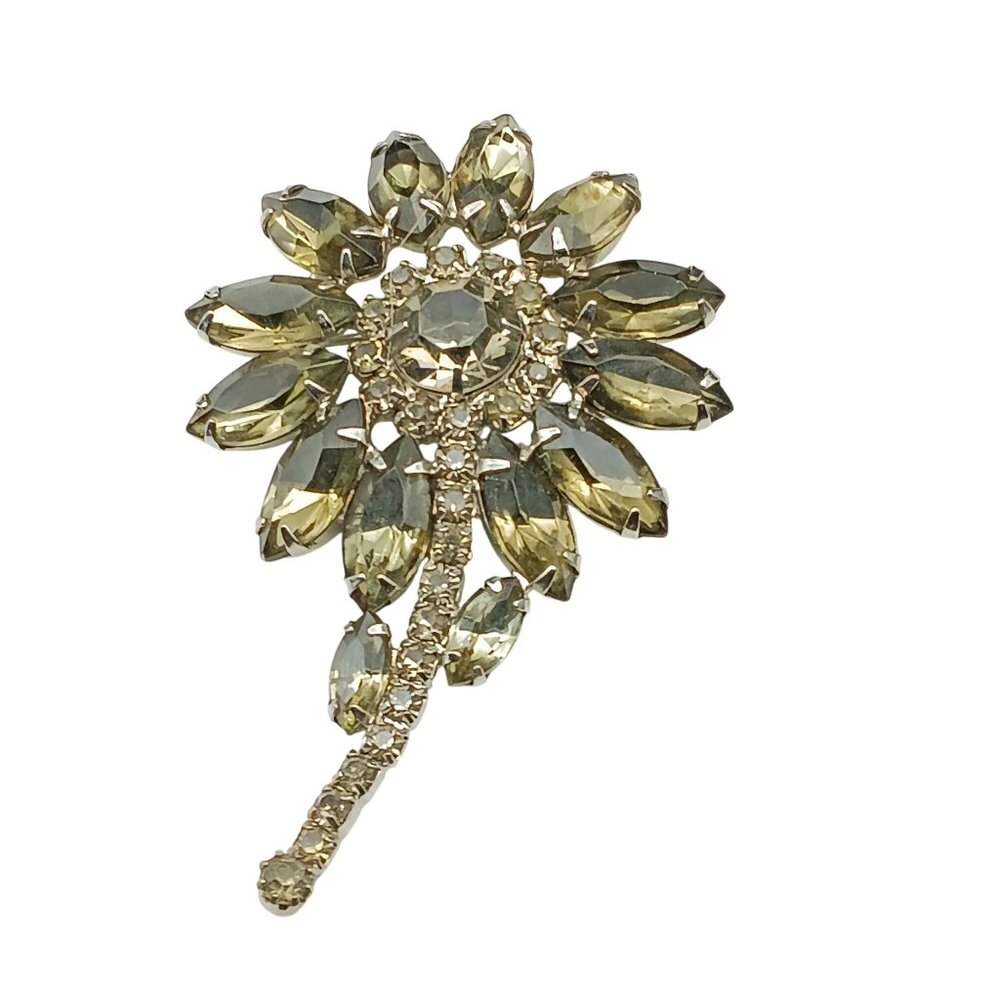 Vintage Smokey Rhinestone Flower Brooch
